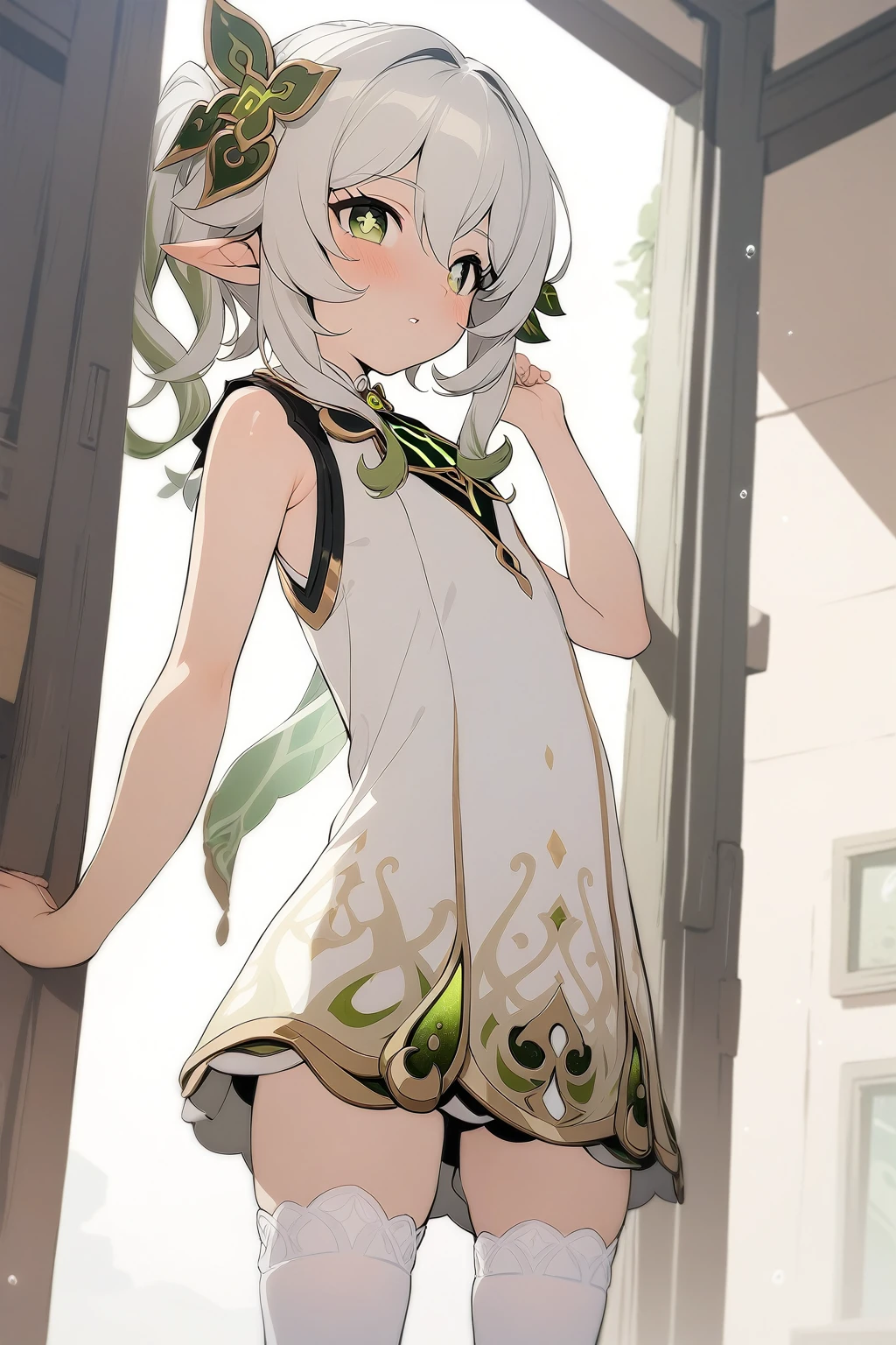 masterpiece, best quality,1 Girl,Nashida \(Genshin Impact\),,Front Miniskirt,Shooting Shirt,sleeveless, bow,White stockings,Underwater， Retro art style,