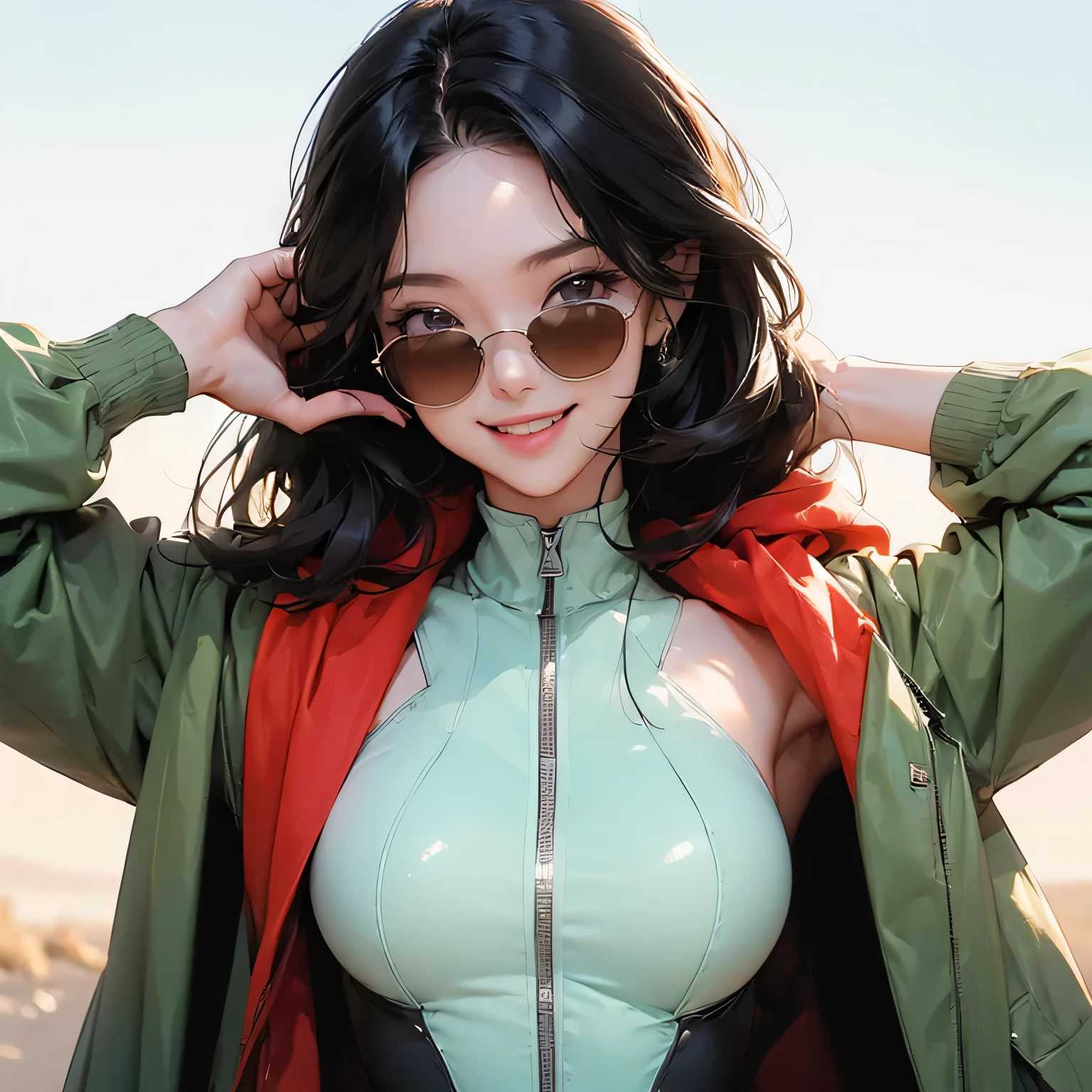(masterpiece, best quality, 8k wallpaper, high resolution, ultra realistic), 1 woman, 1 girl with sunglasses, 18 years old, woman with long black hair, laughing, smiling, 8k, RAW portrait (Japanese woman), masterpiece, photorealistic: 1.3, realistic, ultra high resolution, highest quality, real life photo, (in the evening: 1.1), ((((1 girl: 1.5))))(cute face: 1.3), perfect proportions, 80s oversized sunglasses,, steampunk, col: white/green, face retouch, labrador, robot suit, chrome skin, savvy, anime cosplay, enhanced cyber, skin color –, slim bodysuit, red scarf, light background, posing. smiling, looking at you and smiling, grinning,