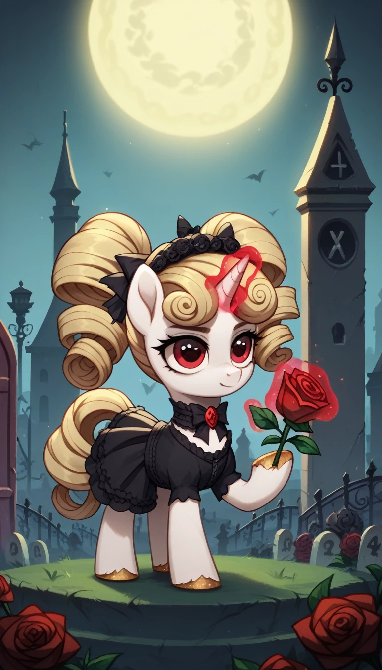 score_9,score_8_up,score_7_up,score_6_up, filly, unicorn, white fur, curly blonde hair, red eyes, Gothic pony, lolita fashion, glowing backlight, fashion show, graveyard, glitter, whimsical, enchanted, magical, fantasy art concept, intricate details, holding a black rose with unicorn magic