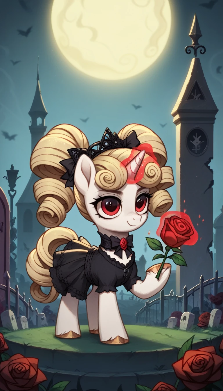 score_9,score_8_up,score_7_up,score_6_up, filly, unicorn, white fur, curly blonde hair, red eyes, Gothic pony, lolita fashion, glowing backlight, fashion show, graveyard, glitter, whimsical, enchanted, magical, fantasy art concept, intricate details, holding a black rose with unicorn magic
