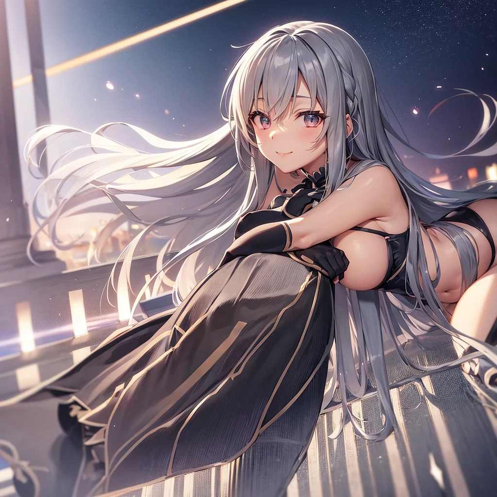 asuna,sao, crown half up hairstyle,, asuna,sao, crown half up hairstyle,, Perfect body, woman, Grey hair, seductive smile, cleavage cutout, silver eyes, elbow gloves, sapphire frills, red Clothes, dusk, dusk sky, sunset,