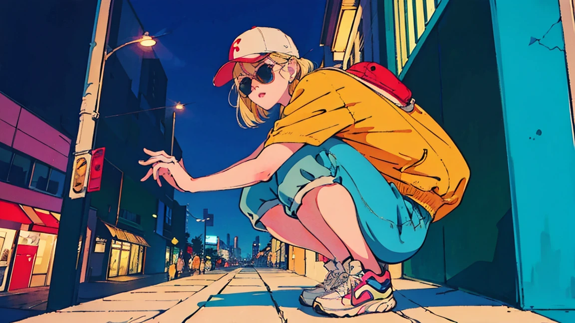 80's, Retro, City Pop, Best Photo Poses, Crouching on the city street, Dynamic Angle,girl, alone, cool, Delicate face, Wearing sunglasses, Blonde Hair, Cityscape, City of night, Casual street wear, Street side, Wearing a cap, Trendy clothing, clock, sneakers,
