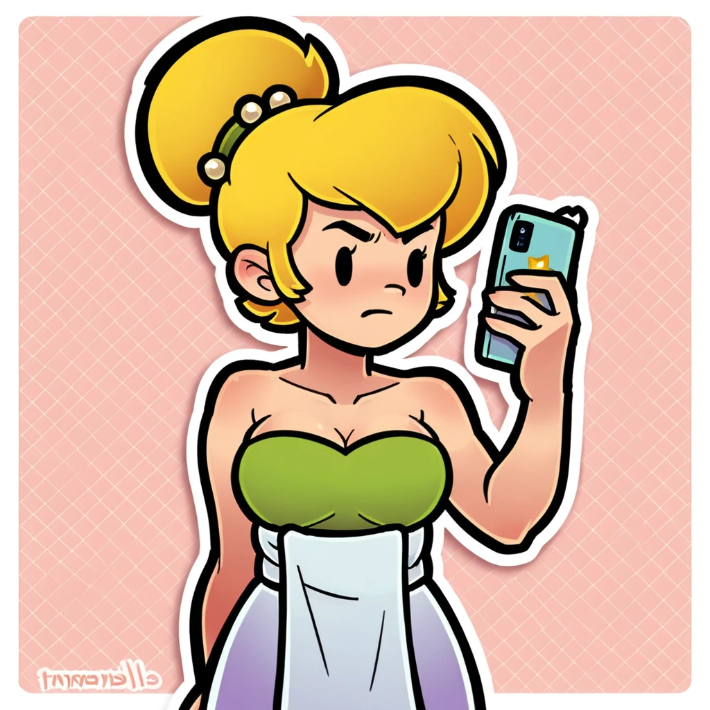 (score_9, score_8_up), Tinker Bell, wrapped in towel, medium breasts, holding phone