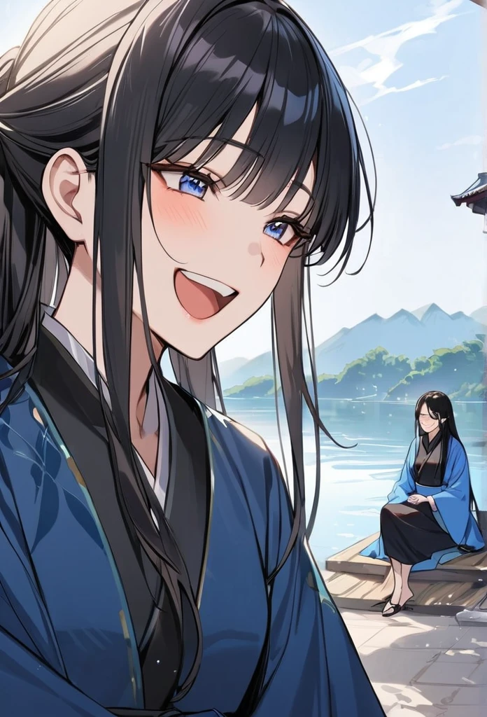 East，China，sitting by the lake，One wearing blue robe，One wearing black robe，Two people，black hair，Long straight，Laughing，reality，High quality，detail