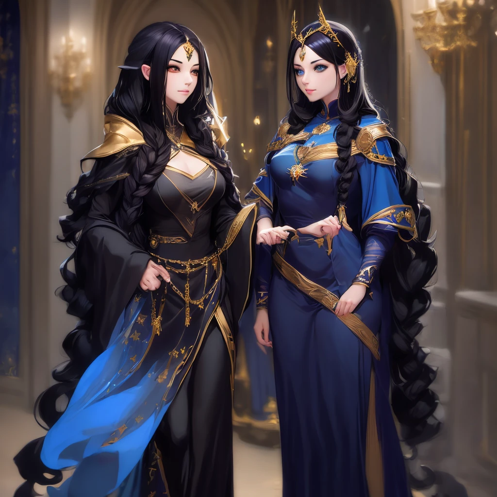 a woman with long black hair wearing a blue and gold hoodie, beautiful celestial mage, black - haired mage, in dark robes with gold accents, astral witch clothes, portrait knights of zodiac girl, wearing star filled mage robes, maya ali as a storm sorcerer, charlie bowater art style, as a dnd character, beautiful wizard