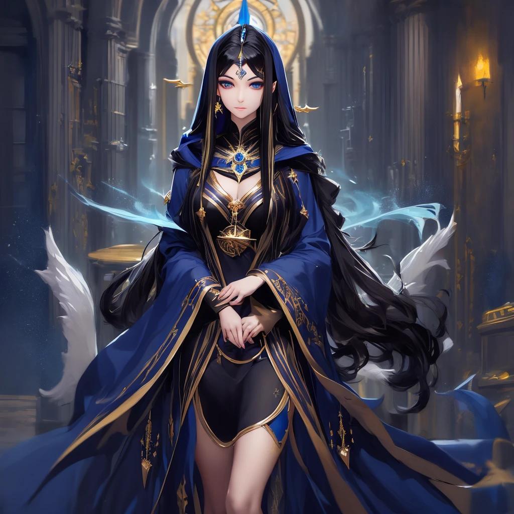 a woman with long black hair wearing a blue and gold hoodie, beautiful celestial mage, black - haired mage, in dark robes with gold accents, astral witch clothes, portrait knights of zodiac girl, wearing star filled mage robes, maya ali as a storm sorcerer, charlie bowater art style, as a dnd character, beautiful wizard