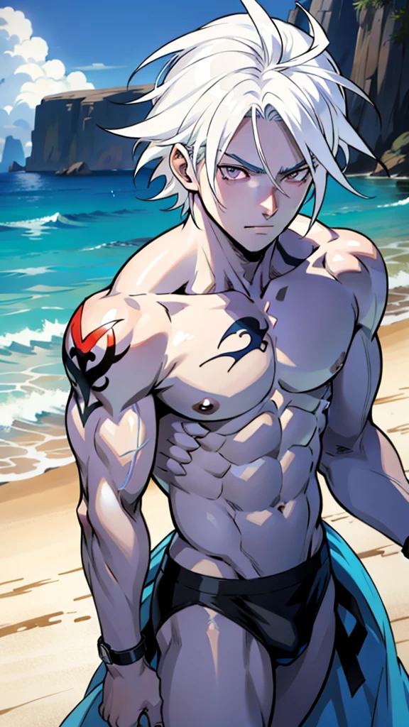 アニメ cel-shading Jenova, purple eyes, white hair, blue skin, bikini, on the beach in ((anime + manga + comics + cartoon) style)
