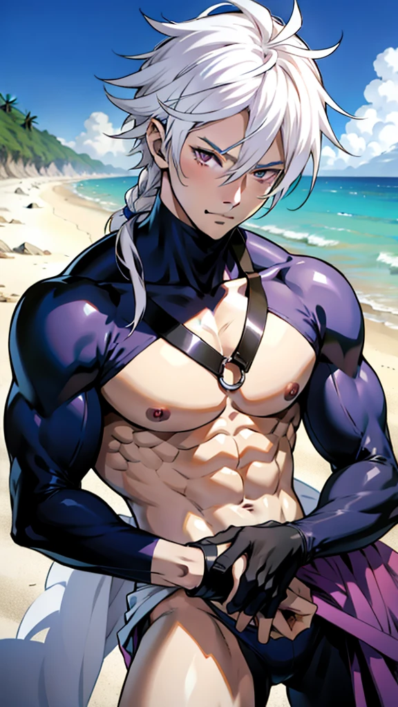 アニメ cel-shading Jenova, purple eyes, white hair, blue skin, bikini, on the beach in ((anime + manga + comics + cartoon) style) 