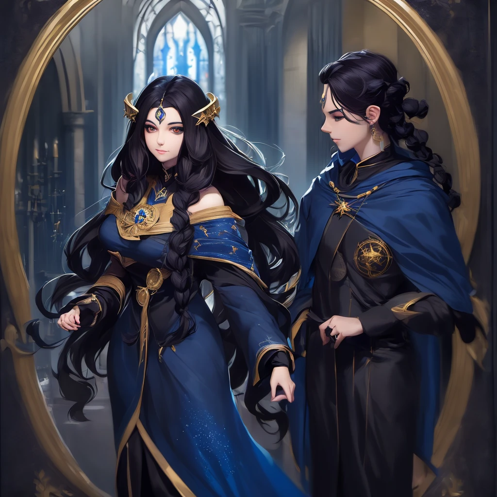 a woman with long black hair wearing a blue and gold hoodie, beautiful celestial mage, black - haired mage, in dark robes with gold accents, astral witch clothes, portrait knights of zodiac girl, wearing star filled mage robes, maya ali as a storm sorcerer, charlie bowater art style, as a dnd character, beautiful wizard