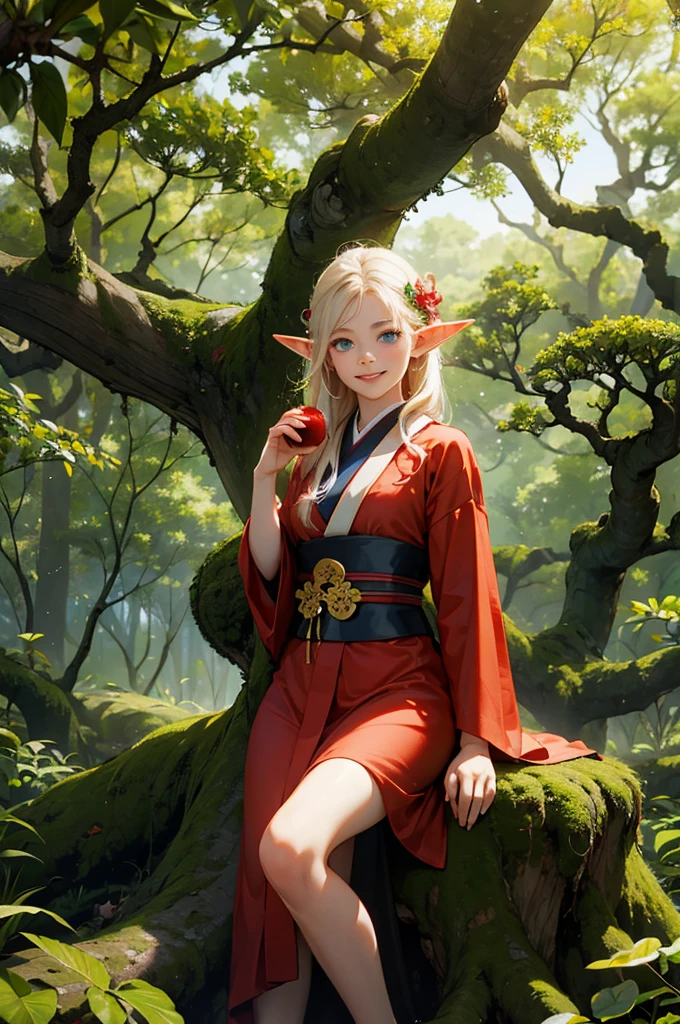 A young elf girl wearing a kimono sits on a large tree stump in a lush forest and bites an apple with a smile