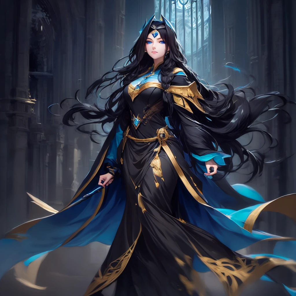 a woman with long black hair wearing a blue and gold hoodie, an anime drawing inspired by Charlie Bowater, tumblr, fantasy art, beautiful celestial mage, black - haired mage, in dark robes with gold accents, astral witch clothes, portrait knights of zodiac girl, wearing star filled mage robes, maya ali as a storm sorcerer, charlie bowater art style