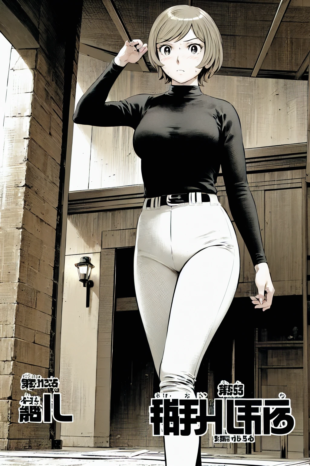 (Baseball uniform:1.2),
Blonde Hair, (short hair:1.2),Long sleeve, Black Shirt, turtleneck,White trousers、uniform、Black belt、((Illustration of people))、Big 、
View Audience,, (Highest quality:1.3),One Girl, White pants、uniform、Outdoor、baseball ground、ground、soil、blue eyes、Tight black shirt、(masterpiece、Highest quality)、Highest quality, Ultra-high resolution, (((masterpiece))), alone, Sweat、Big eyes、Big Breasts、One Girl, Front view、Embarrassed face、Bronze colored hair、((short hair))、Stand up straight