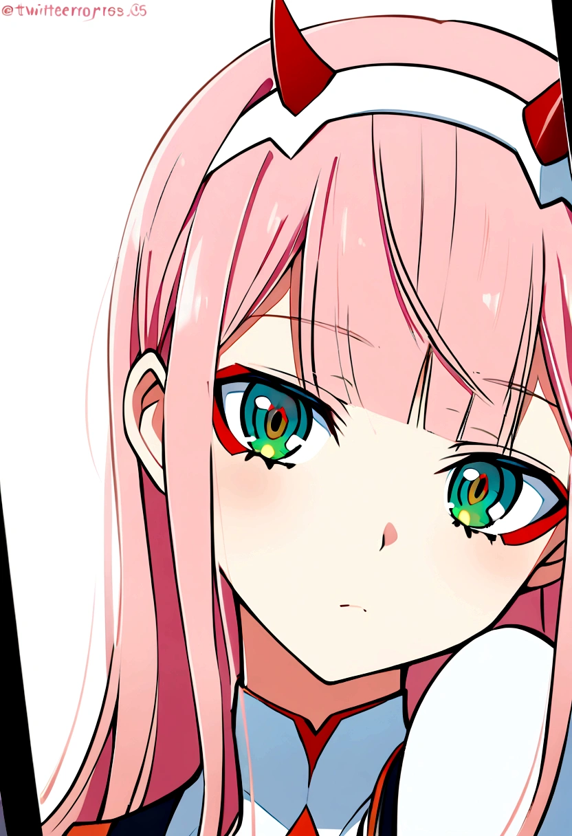 1girl, solo, zero_two_(darling_in_the_franxx), horns, long_hair, looking_at_viewer, bangs, hairband, closed_mouth, twitter_username, pink_hair, green_eyes, phone_screen, blue_eyes, portrait, white_hairband, aqua_eyes