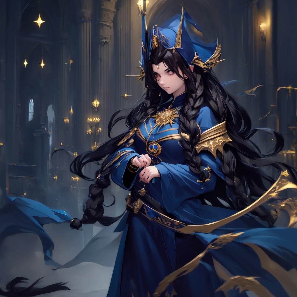 a woman with long black hair wearing a blue and gold hoodie, an anime drawing inspired by Charlie Bowater, tumblr, fantasy art, beautiful celestial mage, black - haired mage, in dark robes with gold accents, astral witch clothes, portrait knights of zodiac girl, wearing star filled mage robes, maya ali as a storm sorcerer, charlie bowater art style