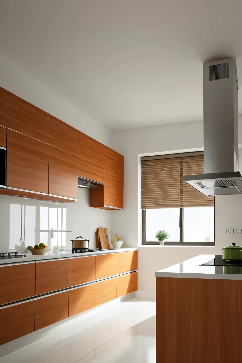 Professional 3d architecture rendering design of modern and minimal kitchen with light wooden color