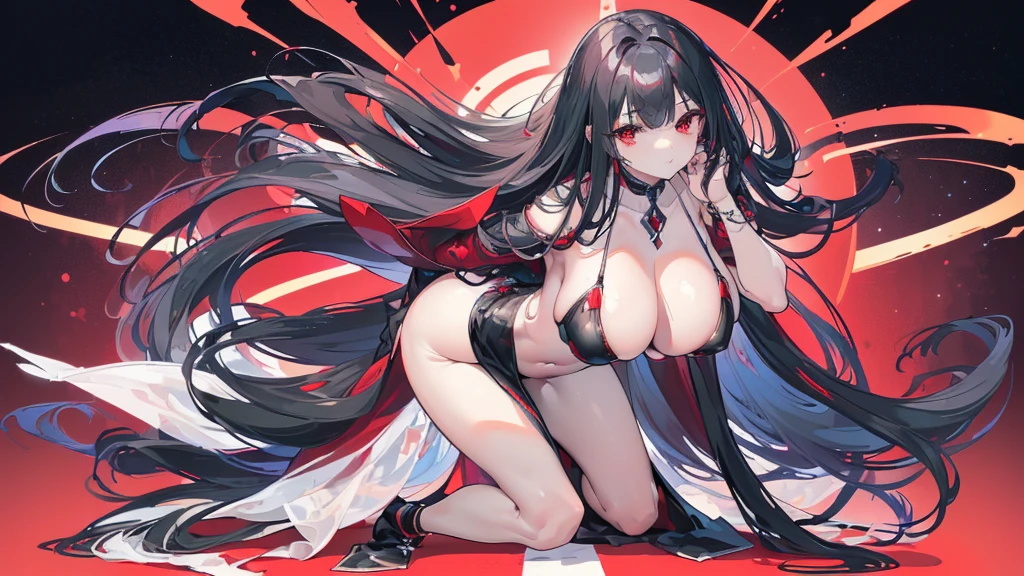 (Exquisite eyes),(Clear and beautiful eyes:1.61),masterpiece, ung girl,(Black clothes and some red gems), Black long hair, (She has a huge red gem on her chest), Good Hand,((The Havoc of StarCraft)),full-body shot,Fighting Stance,(Red Eyes:1.466),short and small,(Very big breasts:1.35),(Pretty Face),(full-body shot:1.33),Beautiful hands