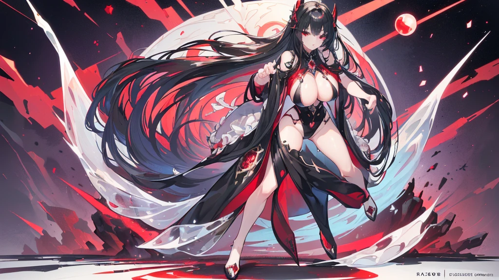 (Exquisite eyes),(Clear and beautiful eyes:1.61),masterpiece, ung girl,(Black clothes and some red gems), Black long hair, (She has a huge red gem on her chest), Good Hand,((The Havoc of StarCraft)),full-body shot,Fighting Stance,(Red Eyes:1.466),short and small,(Very big breasts:1.35),(Pretty Face),(full-body shot:1.33),Beautiful hands