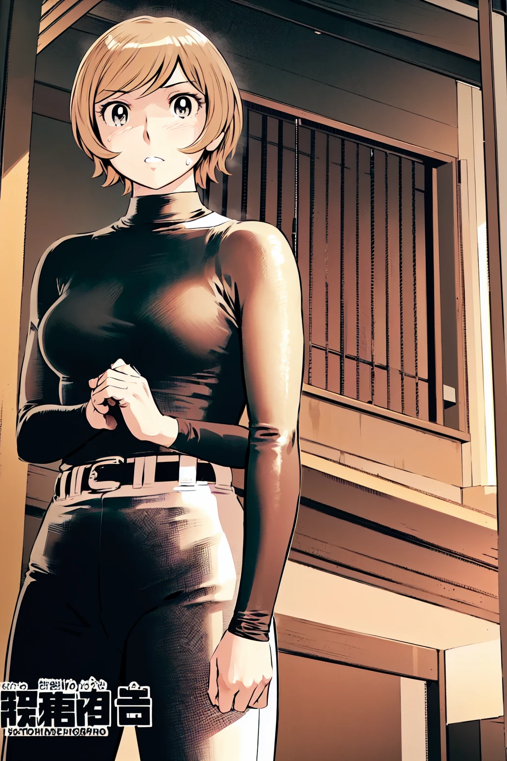 、(masterpiece、Highest quality)、Highest quality, Ultra-high resolution, (((masterpiece))), alone, Sweat、Big eyes,Tight black shirt、Tight white pants、belt、indoor、Composition from the front、(Cut the back hair short、short hair、blonde、woman)、Shortcuts、Embarrassed face、Cut your hair short、可愛いwomanの子、Big Breasts、office