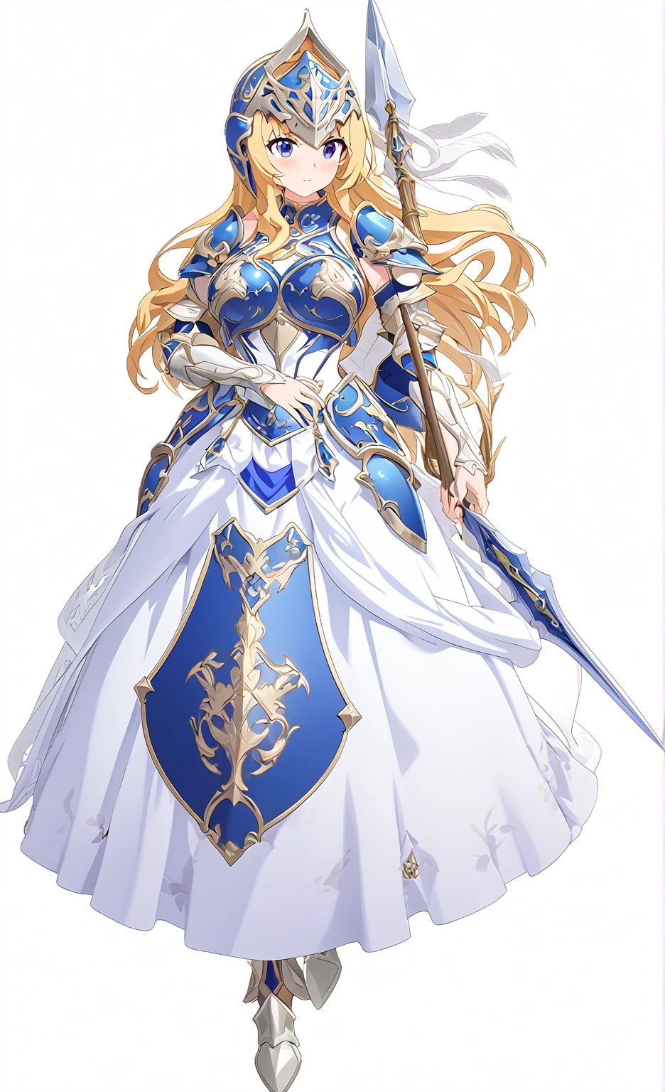 Highest quality, high resolution, High quality game art style, whole body,Valkyrie,Official Art, Smooth game CG art,Cute 3D anime girl render, Visual Novel Sprites, White background,Smooth game CG art, (((Woman with a long spear))),A woman wearing a white dress and blue armor, An intricately designed helmet with white feathers,Small shield, (((Has an exquisite long spear))),Exquisite Blue Armor,Golden Hair, long hair, female knight, Rin々Shii,Large Bust,17 years old,