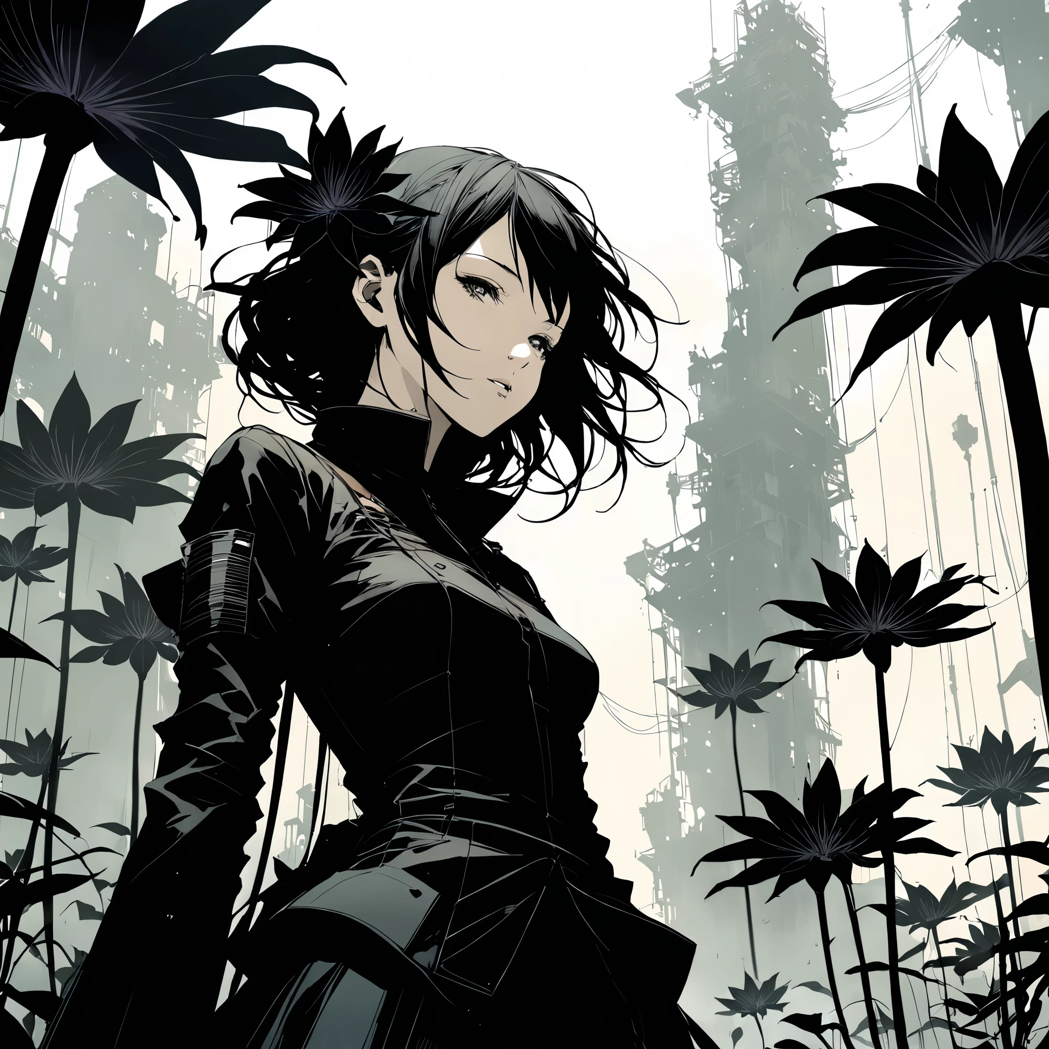 in style of Ashley Wood, Giant black lily,Central Composition,Close-up,graphic novels illustration