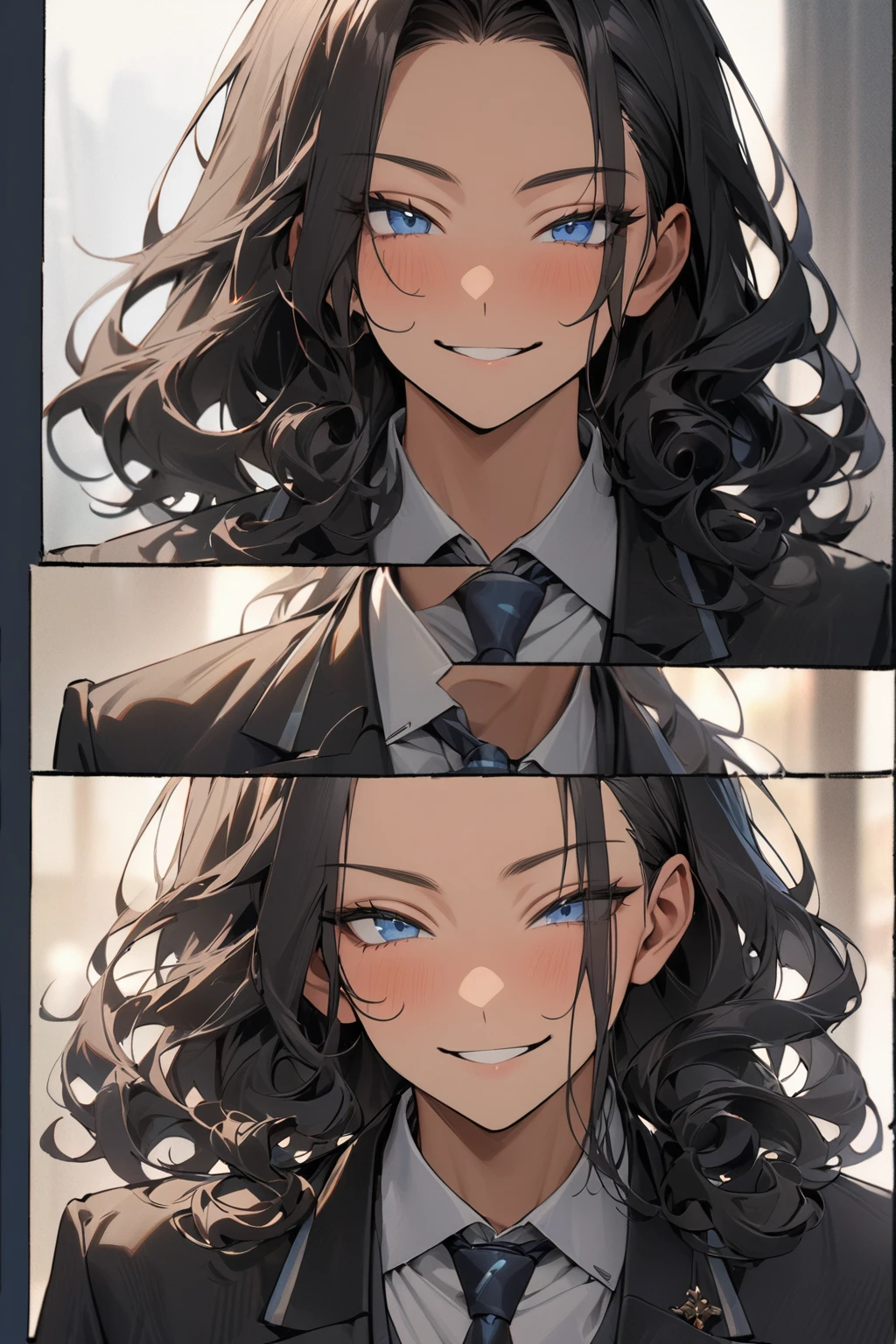 (( straight face picture )) ((best quality)), (Masterpiece)), (details), ( Beautiful colors ) ( ornamentation )( man ) ,doctorหนุ่ม , Tanned skin , black hair,blue eyes ,Shoulder-length hair ,Slightly curly hair , open forehead , suit ,doctor , Smiling.
