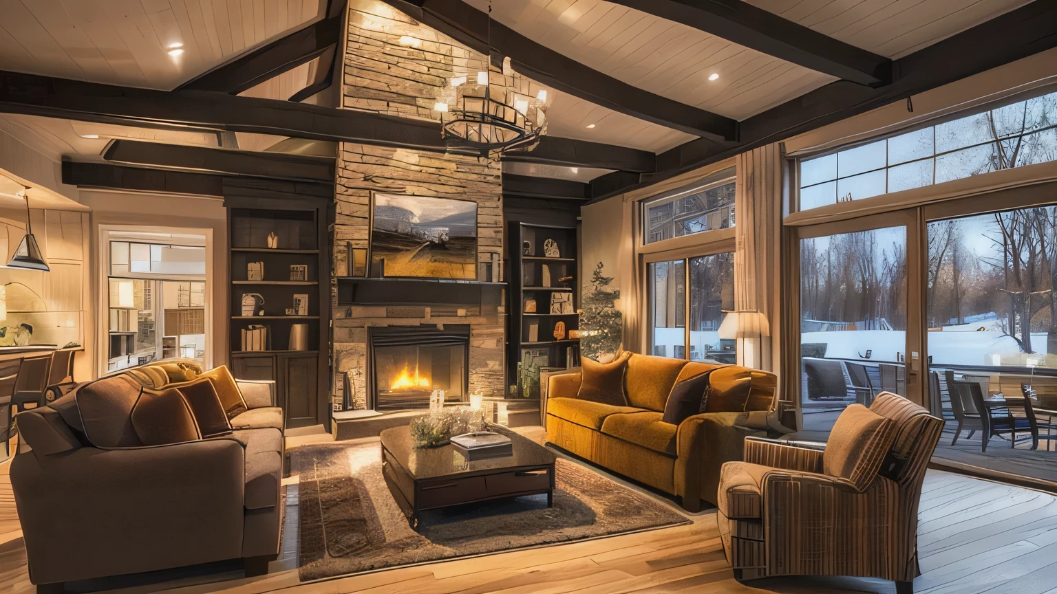 arafed living room with a fireplace and a couch in front of a window, warm living room, warm interior, cozy living room interior, cozy living room, cosy atmoshpere, cozy environment, warm interiors, cozy contemporary living room, cozy setting, cozy and peaceful atmosphere, warm lighting interior, warm ambient lighting, cozy atmospheric, cozy atmosphere, warm fireplace