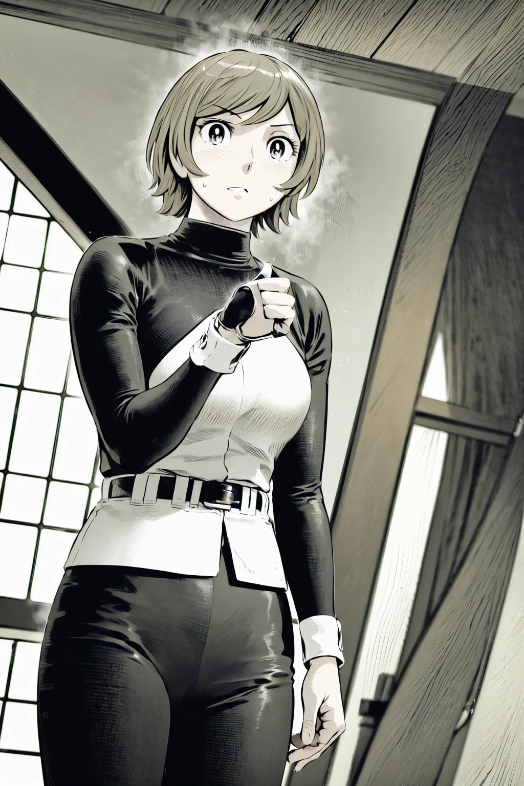 (野球uniform:1.2),
Blonde, (short hair:1.2),Long sleeve, Black Shirt, turtleneck,White trousers、uniform、Black belt、((Illustration of a person))、big 、
View your viewers,, (Highest quality:1.3),One Girl, White pants、uniform、Outdoor、baseball ground、ground、soil、blue eyes、Tight black shirt、(masterpiece、Highest quality)、Highest quality, Ultra-high resolution, (((masterpiece))), alone, Sweat、big eyes、big Breasts、One Girl, Front view、Embarrassed face、Bronze colored hair、((short hair))、Stand up straight、Cowboy Shot