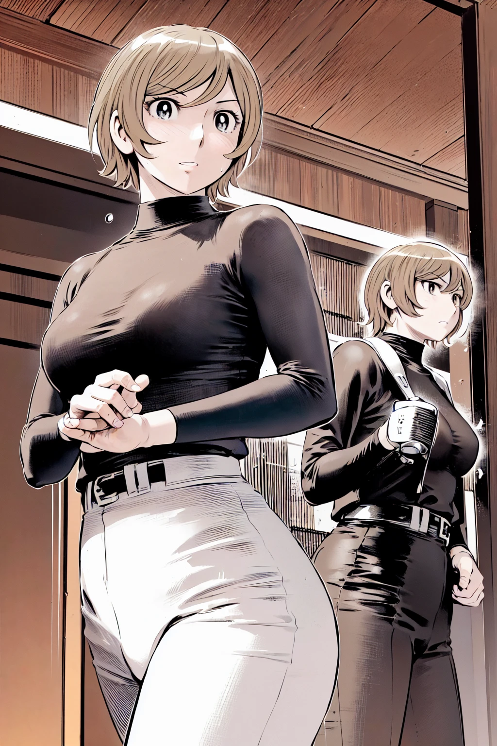 (野球uniform:1.2),
Blonde, (short hair:1.2),Long sleeve, Black Shirt, turtleneck,White trousers、uniform、Black belt、((Illustration of a person))、big 、
View your viewers,, (Highest quality:1.3),One Girl, White pants、uniform、Outdoor、baseball ground、ground、soil、blue eyes、Tight black shirt、(masterpiece、Highest quality)、Highest quality, Ultra-high resolution, (((masterpiece))), alone, Sweat、big eyes、big Breasts、One Girl, Front view、Embarrassed face、Bronze colored hair、((short hair))、Stand up straight、Cowboy Shot