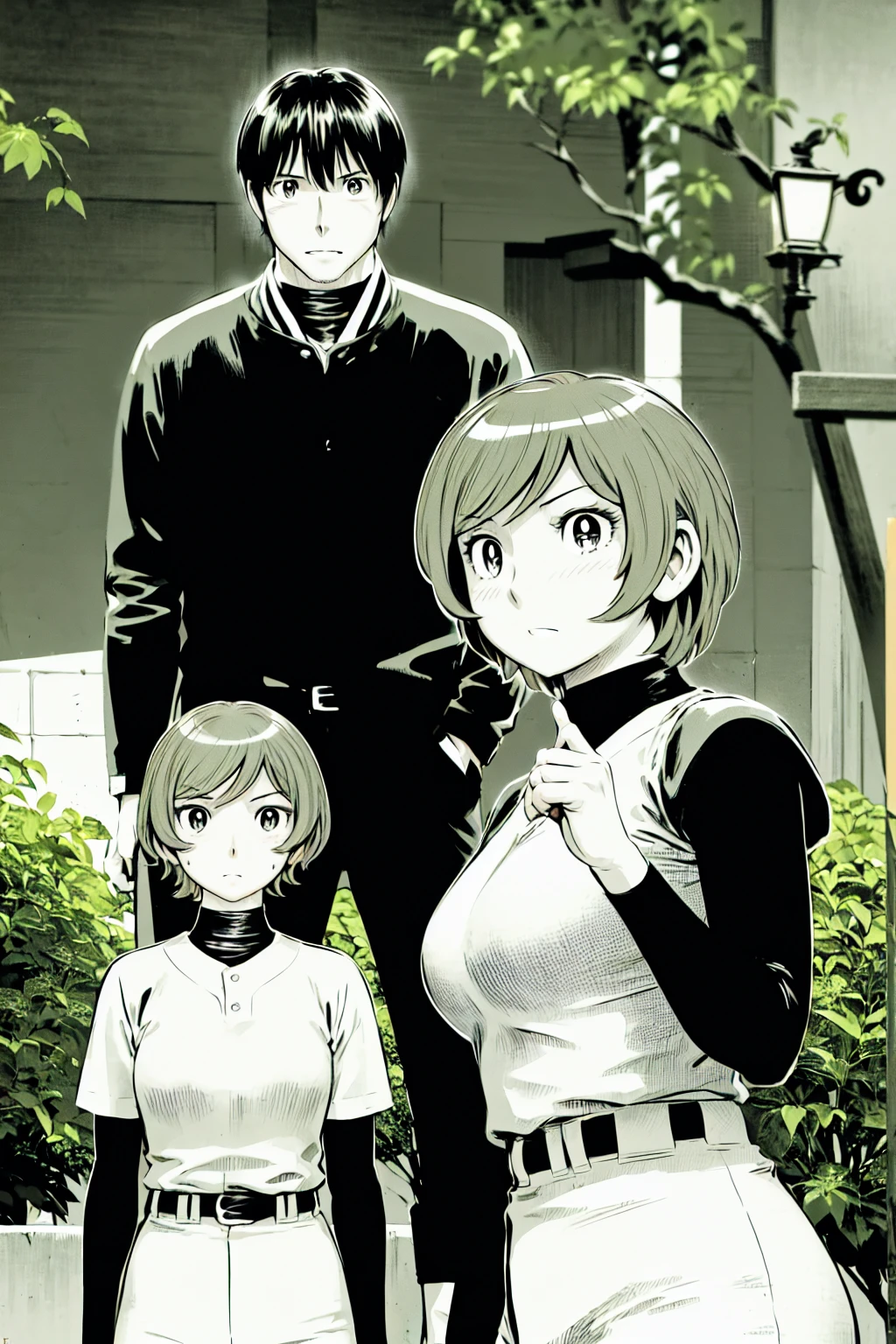 (野球uniform:1.2),
Blonde, (short hair:1.2),Long sleeve, Black Shirt, turtleneck,White trousers、uniform、Black belt、((Illustration of a person))、big 、
View your viewers,, (Highest quality:1.3),One Girl, White pants、uniform、Outdoor、baseball ground、ground、soil、blue eyes、Tight black shirt、(masterpiece、Highest quality)、Highest quality, Ultra-high resolution, (((masterpiece))), alone, Sweat、big eyes、big Breasts、One Girl, Front view、Embarrassed face、Bronze colored hair、((short hair))、Stand up straight、Cowboy Shot