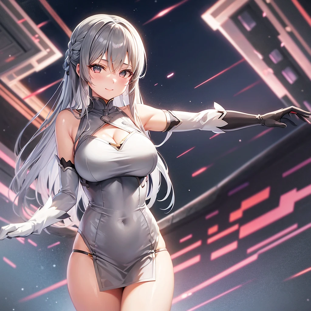 asuna,sao, crown half up hairstyle,, asuna,sao, crown half up hairstyle,, Perfect body, woman, Grey hair, seductive smile, cleavage cutout, silver eyes, elbow gloves, sapphire frills, red Clothes, dusk, dusk sky, sunset,