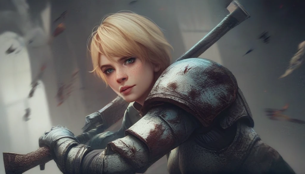 knight girl tower shield sword short blonde hair serious indifferent 