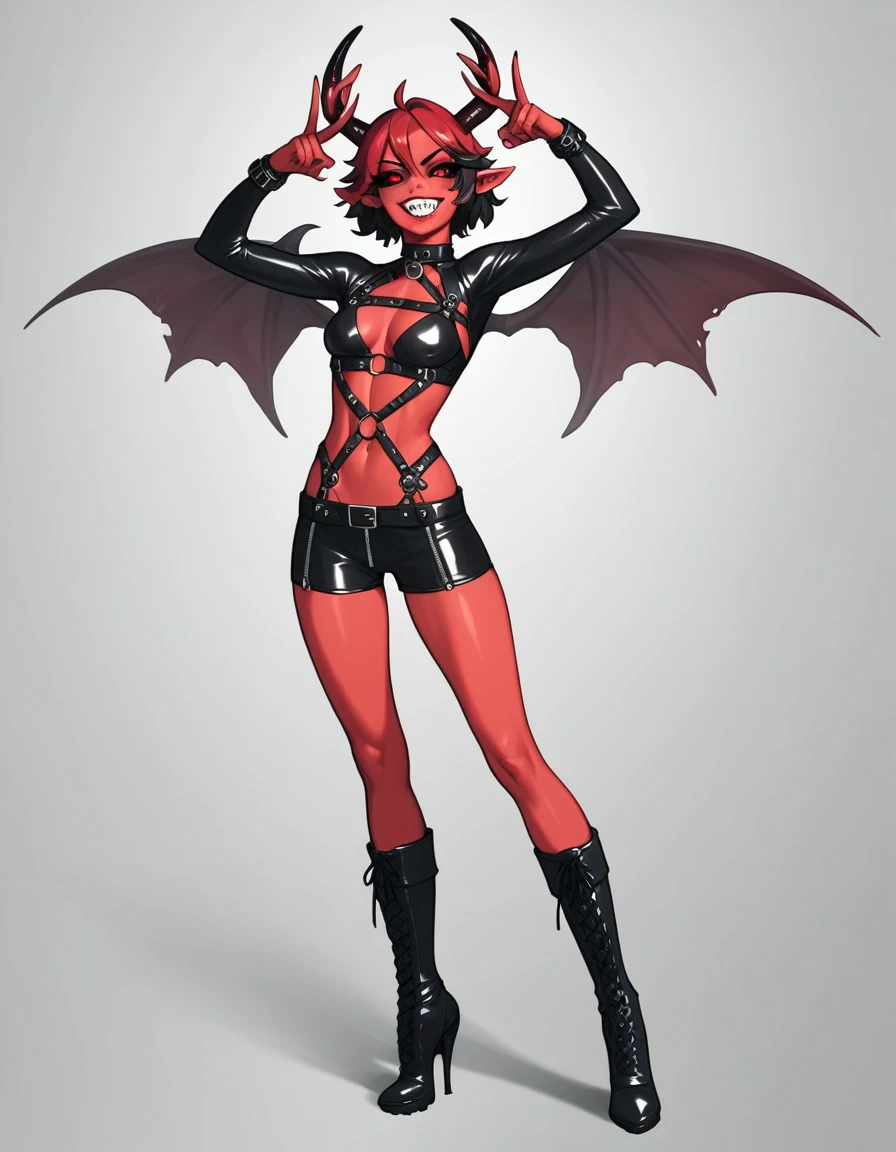 Solo, Score_9, score_8_up, score_7_up, a tall slender feminine incubus, black sclera, red eyes, deer horns, sharp teeth, grinning,rather bdsm gear, stiletto boots, demon wings, shaggy red hair with black highlights, cocky grin, cocky pose