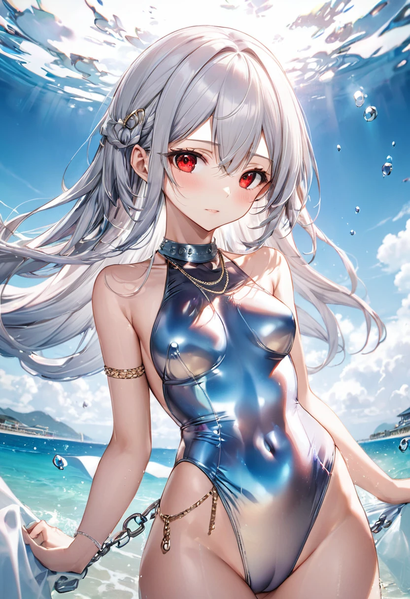 (pov Swimwear style) (beautiful body), (solo:2, 16 yo, hime cut silver hair hair long hair divine fighter girl, cool red eyes, serious make up face, medium tits), (in a Crystalline detailed one piece Layered Dress swimsuit, detailed Gradation body chain), break, in the summer Swimsuit contest show venue, background Double Exposure beautiful ocean, BREAK, perfect anatomy, masterpiece, best quality, 16k, beautiful detailed love, sexy, daydreaming expression.