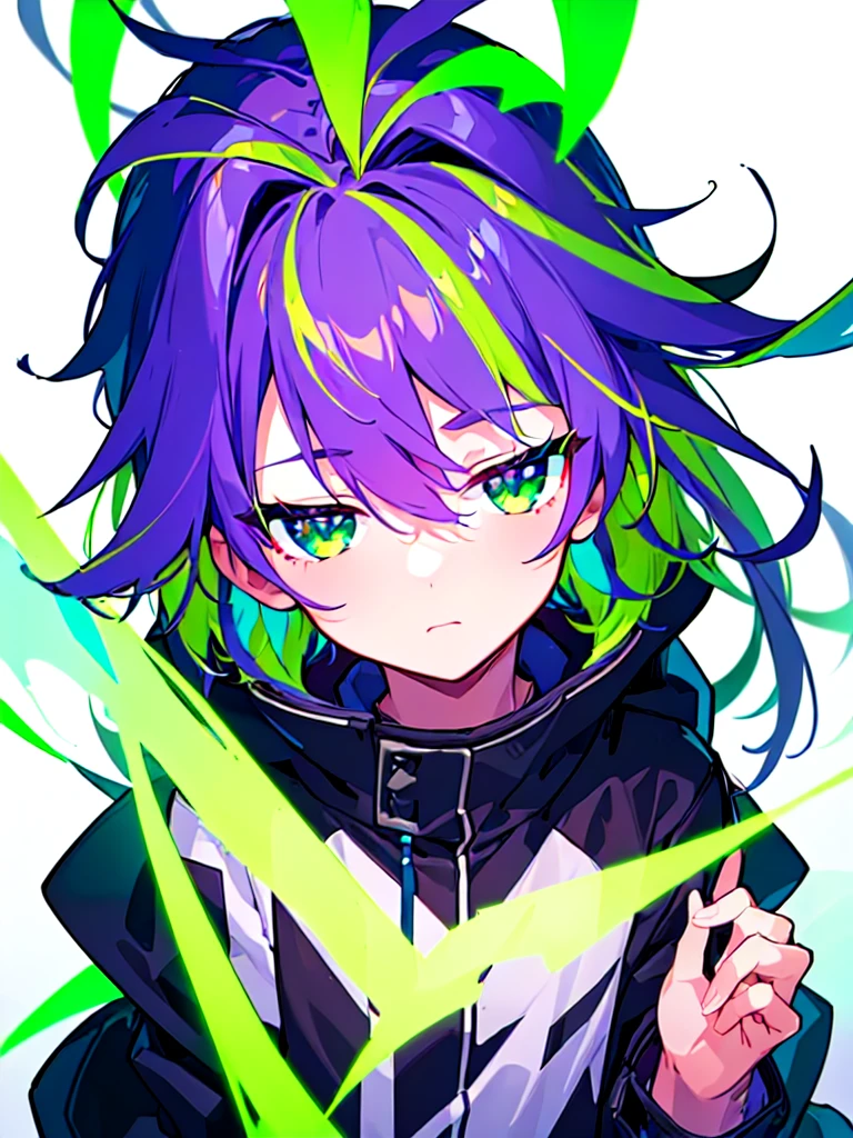 [(WHITE BACKGROUND:1.5),::5], ((((masterpiece)))), high quality, ultra very high resolution, full color, (((solo))), ((**********)), Purple hair, ((Green streaked hair)), (Green eyes), anime, ((upper body)), neon light, black parka, 