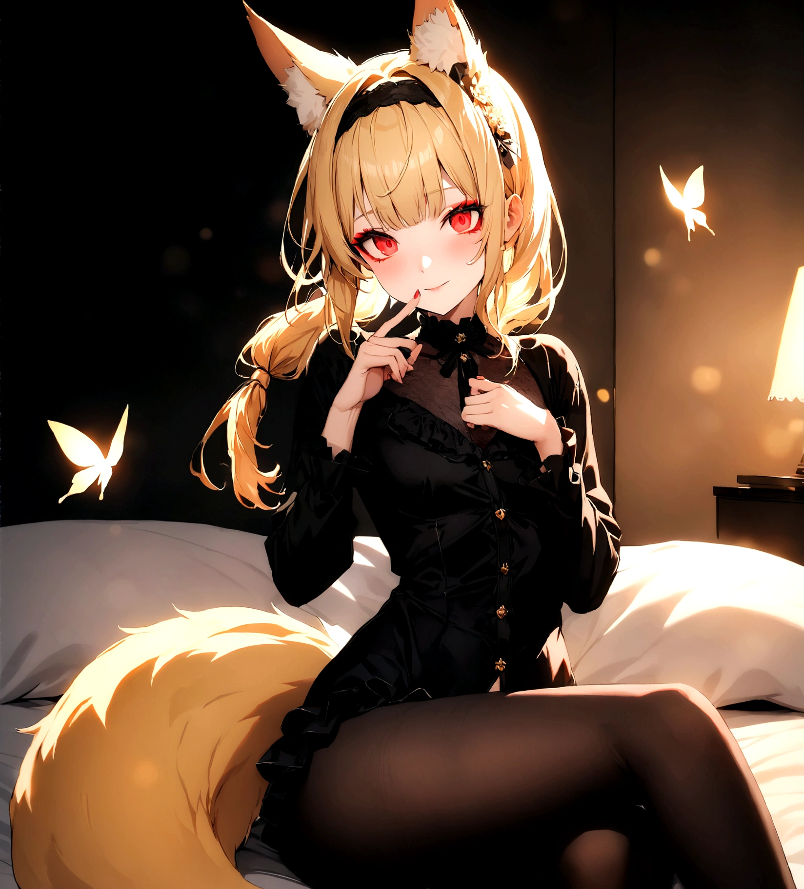 (masterpiece, best quality) junior,detailed, (beautiful,small breasts), blonde,long hair, side ponytail(tied to the left),Hairpin decoration with gold butterfly, elegant, (fox ears),nine tailed fox tail, red eyeshadow, golden eyes, femur，black pajamas,ruffle pajamas,Bedroom Background,Lying in bed,girl,yandere,Wearing black tights,cum in pussy,spred pussy,cum drip