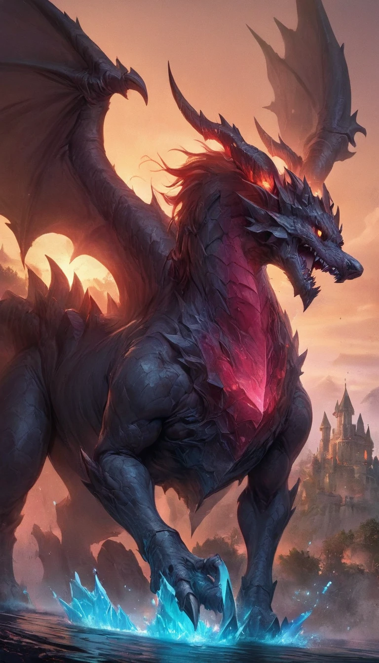best quality,4k,8k, highres, masterpiece:1.2), ultra-detailed, extremely detailed eyes, extremely detailed body, (large masterpiece digital art), (detailed manga illustration), (detailed line art), ((perfect anatomy)), (intricate details:1.3), (ultra-detailed:1.3), (illustration:1.3), (sharp focus:1.3), (natural lighting:1.05), (vivid colors:1.3), (masterpiece), (best quality:1.4), (perfect anatomy:1.4), high quality, expressive eyes, 1 girl, breast, animal focus, bracelet, claws, dragon, magic energy, full body, gold eyes, slit pupils, horns, gold horns, dragon horns, demon horns, jewelry, monster, giant monster, no humans, open mouth, scales, fur, black fur, sharp teeth, solo, tail, teeth, sharp teeth, wings, outdoors, black scales, river, scales, scenery, sky, sunset, western dragon, yellow sky, ice, ice crystals, fire, blue fire, lightning, red lightning, elemental aura, particles, glowing particles, Jeff Bridges, ((cartoon style)), Marvel Cinematic Universe style, (((hell castle in the background))), soft bokeh of hellscape, Atey Ghailan, Jeremy Mann, Greg Manchess, Antonio Moro, trend in ArtStation, trend in CGSociety, Intricate, High Detail, Sharp focus, dramatic and photorealistic painting art by Midjourney and Greg Rutkowski,