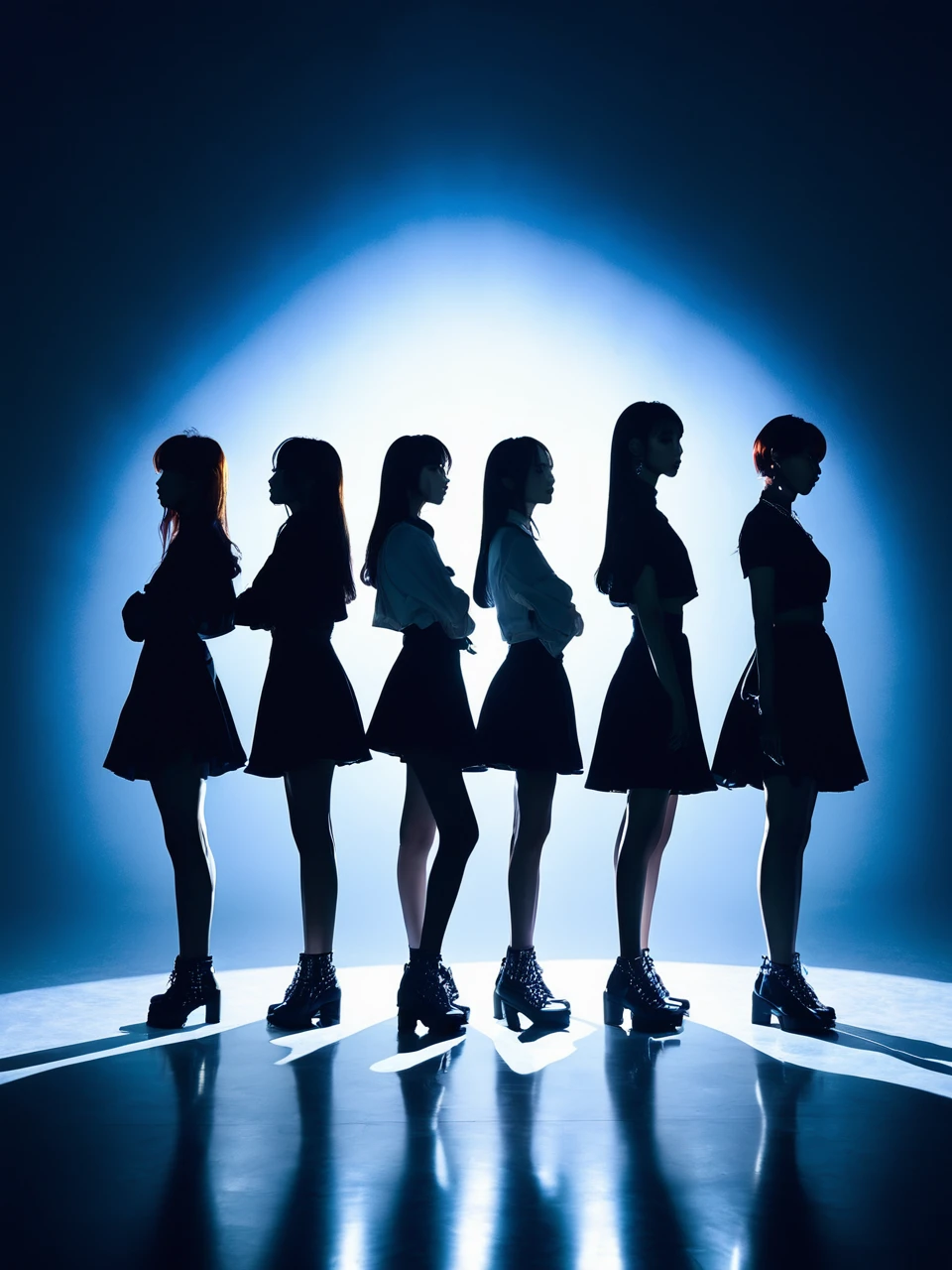 薄dark部屋に佇むFive women, unlimited, Generic KPOP, silhouette, , unlimited, Backlight, dark、Spotlight、A long shadow stretching forward、Five women、audition、Standing evenly spaced apart, facing forward