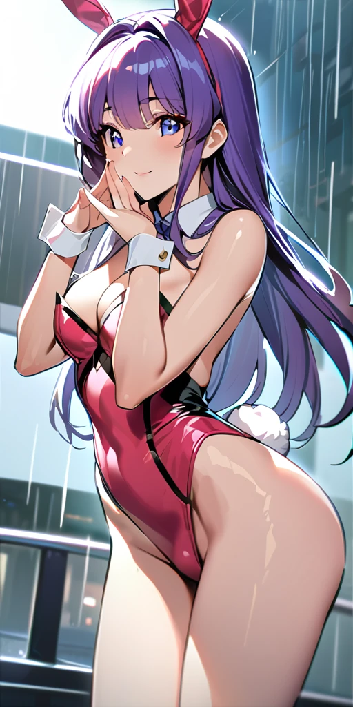 ((Highest quality、、masterpiece:1.3)), Upper Body、Long legs、Sharp focus:1.2, Beautiful woman with perfect figure:1.4、(Smiling:1.2), double eyelid、30-year-old female、Sexy pose、((((Close your mouth、One Woman、Bunny girl,rain、Outdoor))))