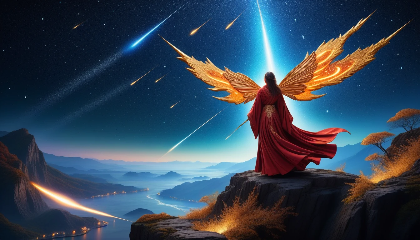 (((Stylish and hazy:1.3))), (((Parallel Cyber Fairy Grunge Style:1.3))), (((Stunningly detailed illustration of a meteor shower:1.5))), Adorned with intricate and ornate robes, Standing on a cliff, (((Majestic meteor detail in background:1.3))), (((Stunning intricately detailed digitally painted illustrations:1.3))), High Contrast, Behold the stunning beauty, Radiant power and determination, Intricate Design, From a touch of grandeur to highly detailed and intricate renderings, Incredible detail and craftsmanship, Add in every intricate detail, lovingly rendered, Create visually stunning and dynamic scenes, Fierce and determined spirit, The robe is a masterpiece, 非常にIntricate Design, (((The epitome of quality and craftsmanship:1.3))), (((Radiosity rendered in stunning 32K resolution beauty:1.3))), (((最high quality:1.3))), (((high quality:1.1))), (((最high quality:1.3))),