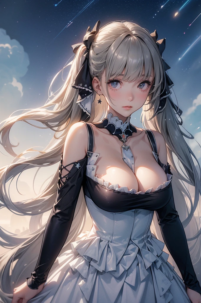 ((dress_default, terrific_default)):1.5,((独奏, 1girl)) ((masterpiece,Highest quality,Highly detailed images,Beautiful images、Realistic、Dutch Angle)),(Dynamic Angle)、 (Bright lighting overall、Backlight、A fantastic atmosphere、Thick Fog、Dust flutters),(Dynamic pose、Beautiful cleavage、large breasts)1.2, ((Beautiful starry sky、shooting star、Ocean))、Black sleeves
