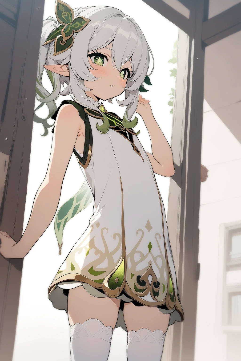 masterpiece, best quality,1 Girl,Nashida \(Genshin Impact\),,Front Miniskirt,Shooting Shirt,sleeveless, bow,White stockings,Underwater， Retro art style,Fine hands