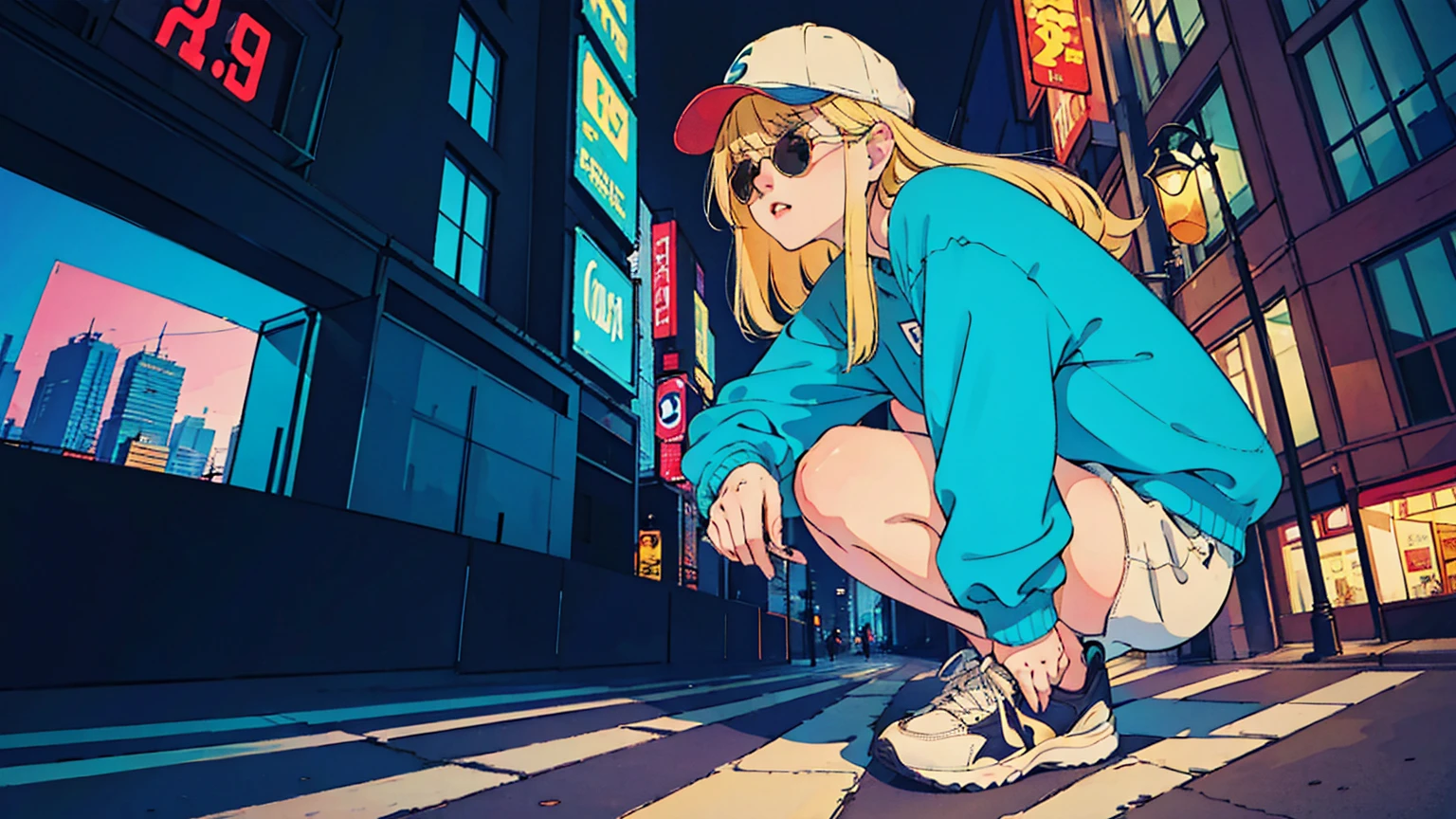 80's, Retro, City Pop, Best Photo Poses, Crouching on the city street, Dynamic Angle,girl, alone, cool, Delicate face, Wearing sunglasses, Blonde Hair, Cityscape, City of night, Casual street wear, Street side, Wearing a cap, Trendy clothing, clock, sneakers,