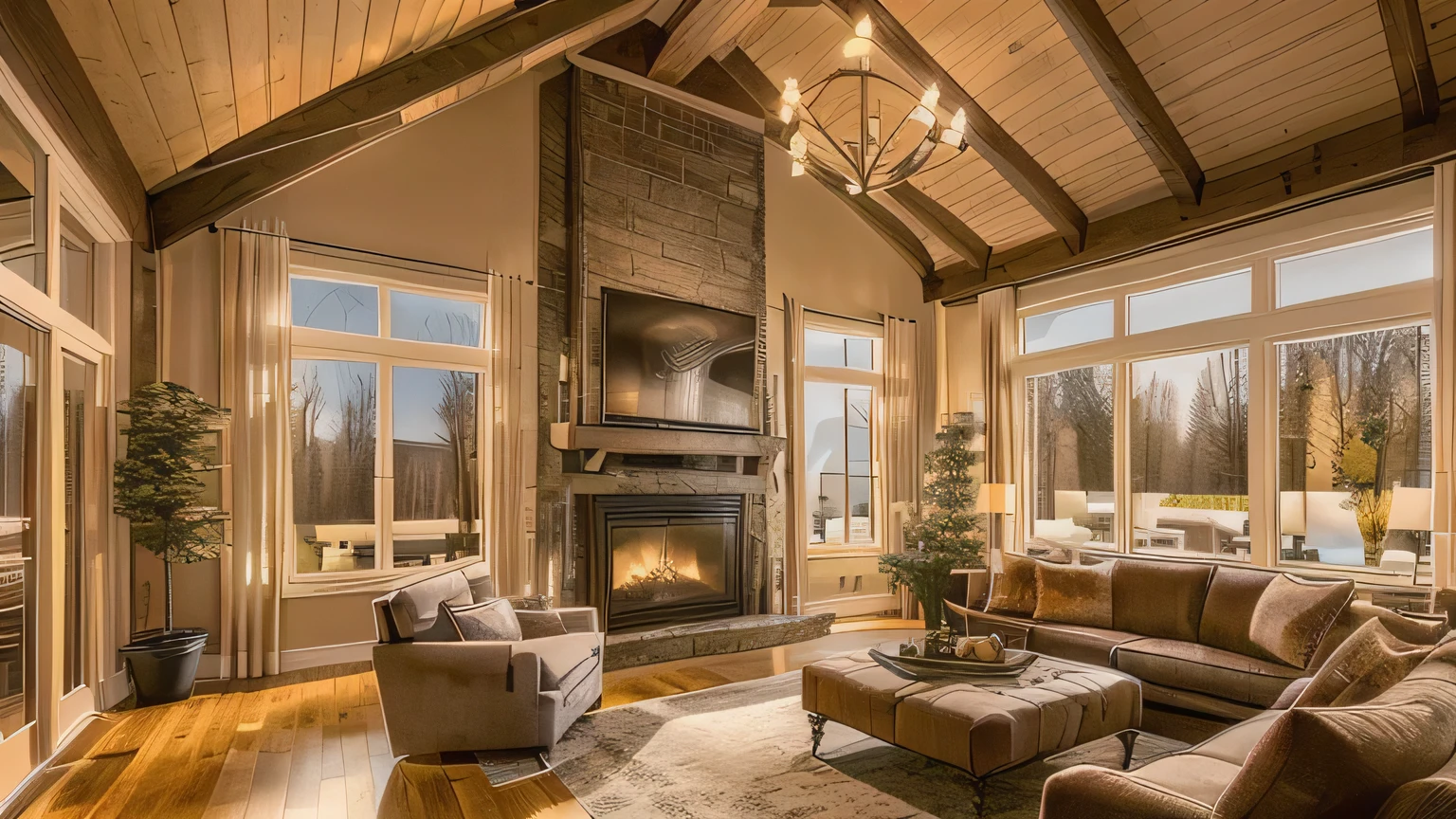 arafed living room with a fireplace and a couch in front of a window, warm living room, warm interior, cozy living room interior, cozy living room, cosy atmoshpere, cozy environment, warm interiors, cozy contemporary living room, cozy setting, cozy and peaceful atmosphere, warm lighting interior, warm ambient lighting, cozy atmospheric, cozy atmosphere, warm fireplace