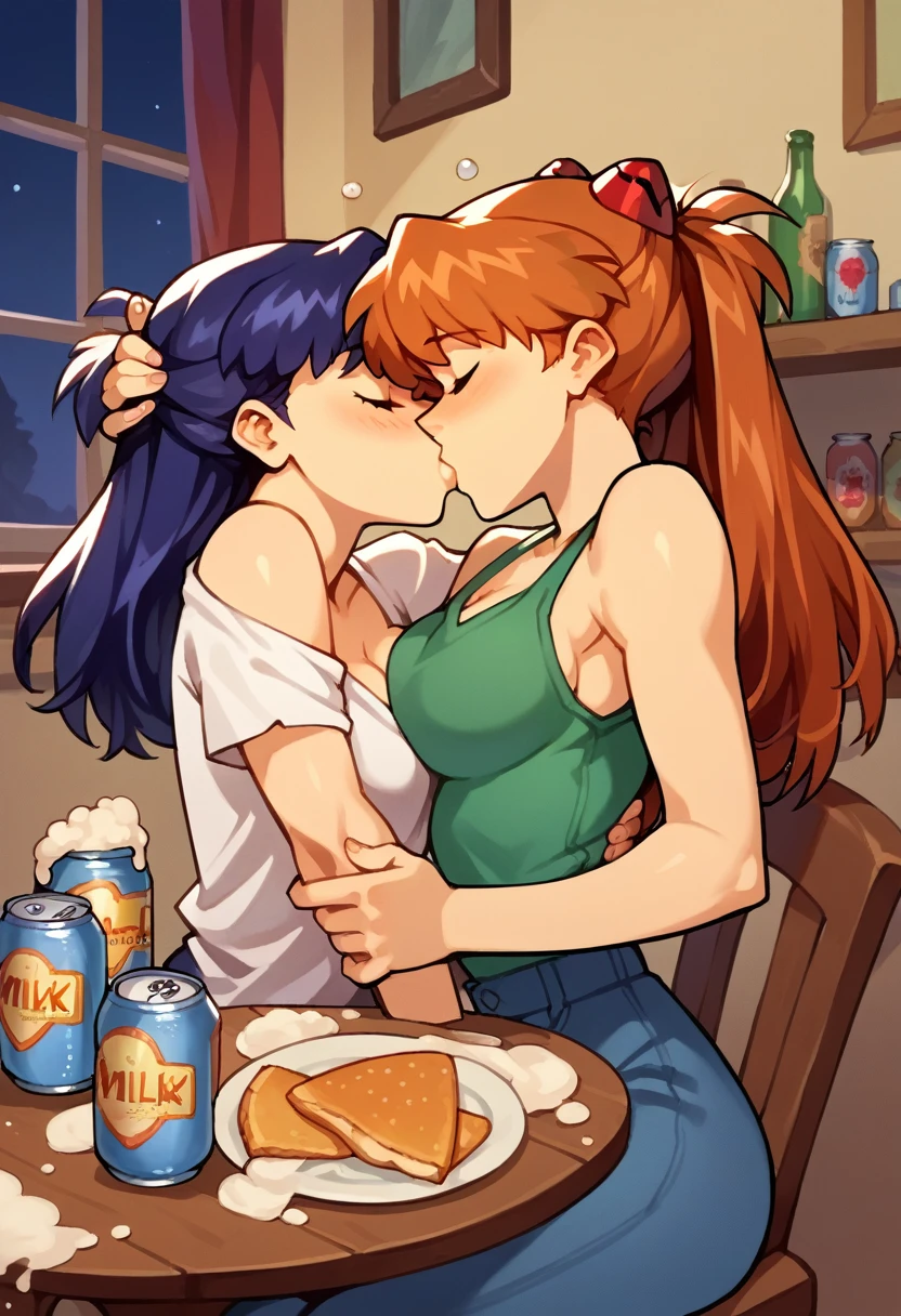 score_9, score_8_up, score_7_up, score_6_up, score_5_up, score_4_up, (source_anime), 2girls, evangellion, asuka langley (small breasts), katsuragi misato (Higher) (big breasts), yuri, Messy apartment, full body, breast sucking, Table In the corner, beer cans, drunk, breast milk, Surprised, Low Illumination, 1Sleeping, Dawn, night