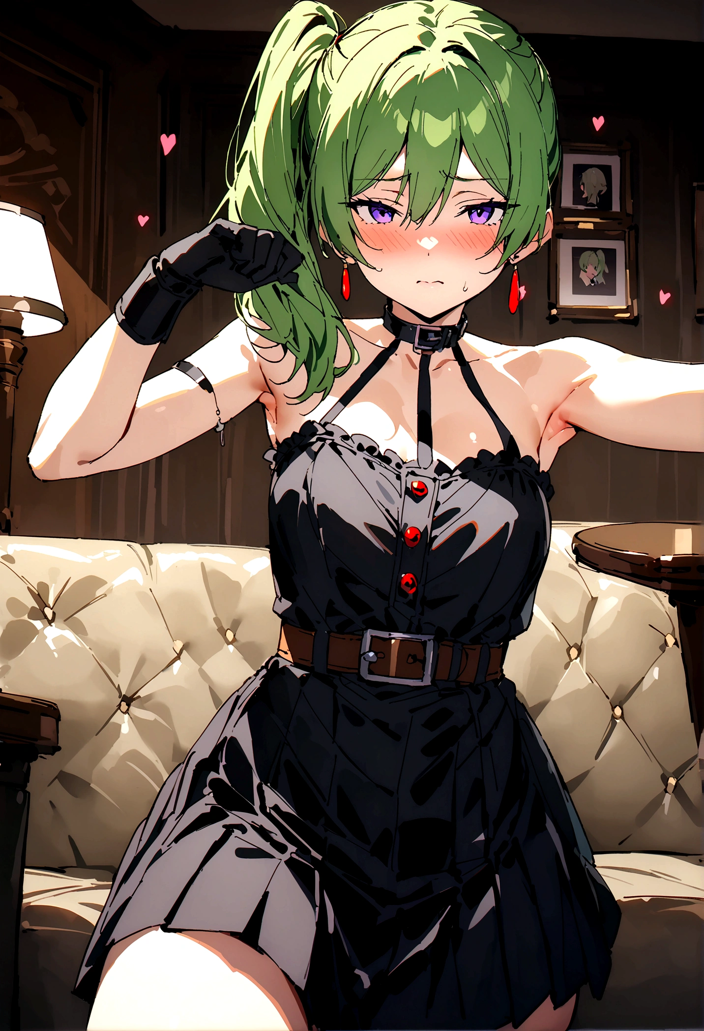 NSFW,masterpiece,Highest quality,High resolution,Super detailed,Uber\(Funeral of Frieren\),Green Hair、bangs、Hair between the eyes、Side Ponytail、Purple Eyes、Black choker、clavicle、No sleeve、Black Dress、No sleeveのドレス、Halter neck、Pleated skirt、Black gloves、belt、Black shoes,Embarrassed,blush,Luxurious Room,pub,Private room,sofa,heart,Sexy pose