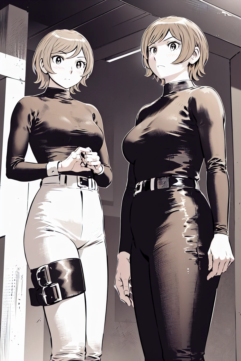 (野球uniform:1.2),
Blonde, (short hair:1.2),Long sleeve, Black Shirt, turtleneck,White trousers、uniform、Black belt、((Illustration of a person))、big 、
View your viewers,, (Highest quality:1.3),One Girl, White pants、uniform、Outdoor、baseball ground、ground、soil、blue eyes、Tight black shirt、(masterpiece、Highest quality)、Highest quality, Ultra-high resolution, (((masterpiece))), alone, Sweat、big eyes、big Breasts、One Girl, Front view、Embarrassed face、Bronze colored hair、((short hair))、Stand up straight、Cowboy Shot