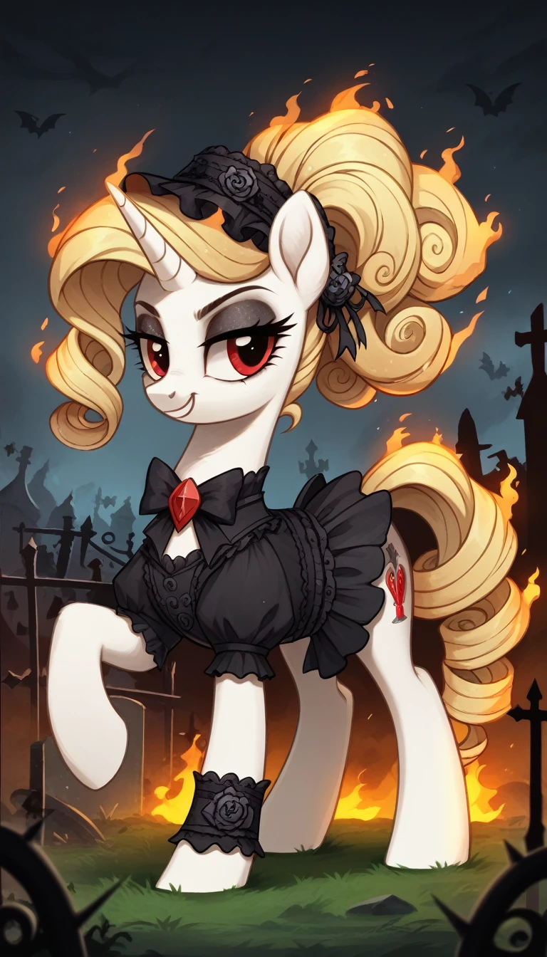 score_9,score_8_up,score_7_up,score_6_up, female, unicorn, white fur, curly blonde hair, red eyes, Gothic pony, lolita fashion, glowing backlight, fashion show, graveyard, glitter, whimsical, enchanted, magical, fantasy art concept, intricate details, evil smile, burning home