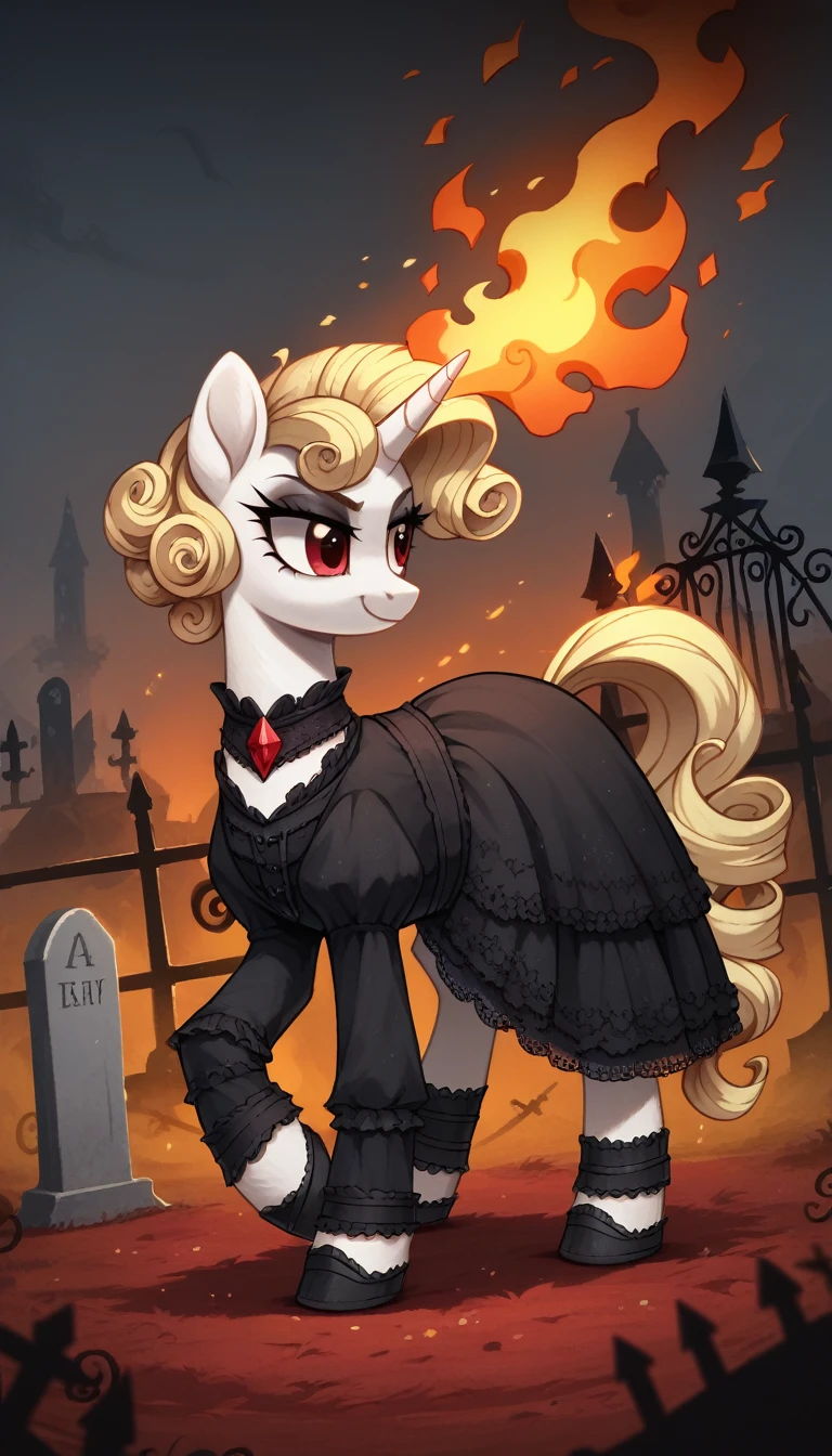 score_9,score_8_up,score_7_up,score_6_up, female, unicorn, white fur, curly blonde hair, red eyes, Gothic pony, lolita fashion, glowing backlight, fashion show, graveyard, glitter, whimsical, enchanted, magical, fantasy art concept, intricate details, evil smile, burning home