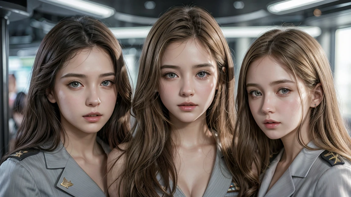 (3 girls)fantasy art, photorealistic, dynamic light, art station, poster, Volumetric light, Highly detailed face, (government uniform: 1.4), long hair, coat, Delicate Clavicle, bare shoulders, sufficient breasts
