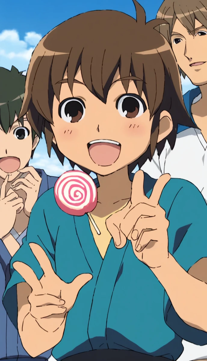  sauce_anime, 1peopleの***, Handa Shinichi, Brown Hair, Brown eyes,  Pause, smile, Put your hands on your hips, View your viewers, anime, 一peopleの***, Handa Shinichi, Brown Hair, Brown eyes, night、stop temporarily,cotton candy (background, ・色とりどりの花火が夏祭り会場のnight空を彩る. ・Fireworks soar high into the sky、night空を彩る. ・The summer festival scene is depicted with a focus on boys.. ● Stalls and stalls are lined up, そしてpeople々seems to be enjoying. ), (people, A man wearing a yukata stands under fireworks. Late teens to early twenties, -A man has a huge piece of cotton candy in her hand. ), (Four fingers and thumb:1.3), (cotton candy, ・((The man is holding her face size over cotton candy:1.3), (massive size cotton candy:1.5)). ・cotton candyは真っ白でふわふわ, It smells sweet when you put it in your mouth. ), Open your mouth:1.25, (expression, ・The man is eating cotton candy with relish. The boy has a smile of satisfaction on his face.. ),Blue yukata